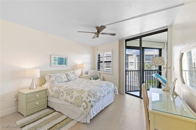 tiled bedroom featuring access to outside and ceiling fan