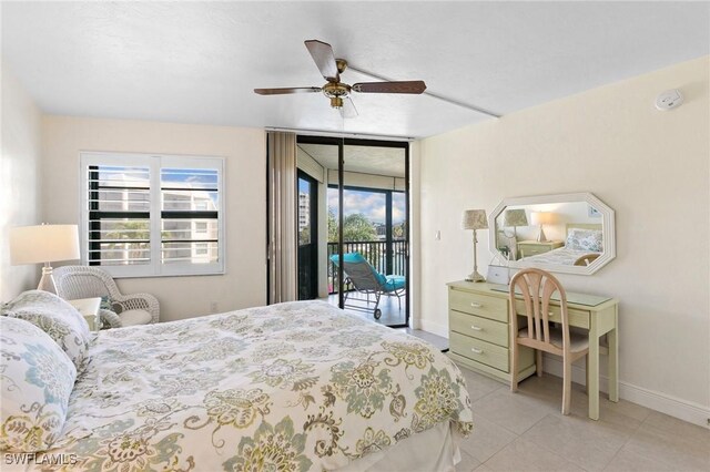 bedroom with access to exterior, light tile patterned floors, and ceiling fan