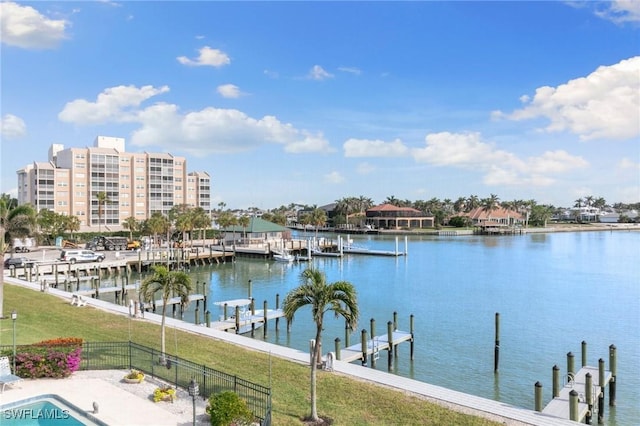 property view of water with a dock