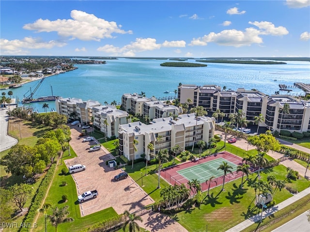 bird's eye view with a water view