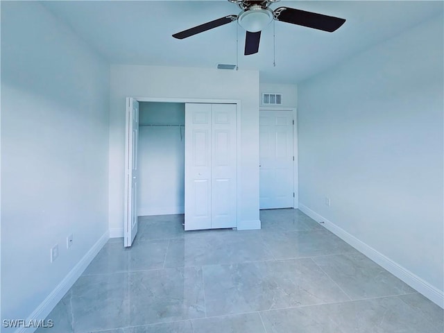 unfurnished bedroom featuring a closet and ceiling fan