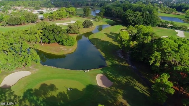 aerial view featuring a water view and golf course view