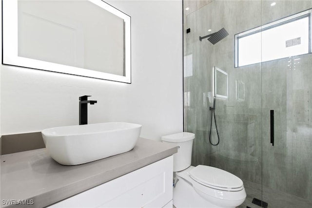 bathroom featuring toilet, a stall shower, and vanity