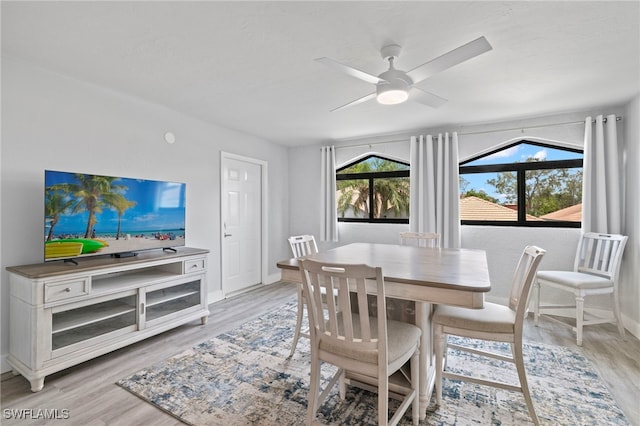 dining space with ceiling fan, light wood-type flooring, and lofted ceiling