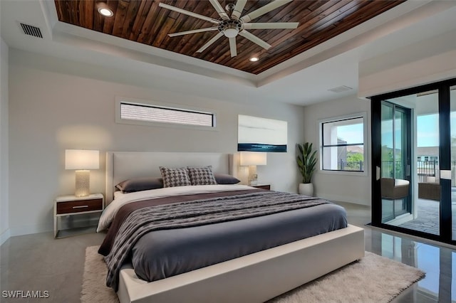 bedroom with a raised ceiling, access to exterior, ceiling fan, and wooden ceiling