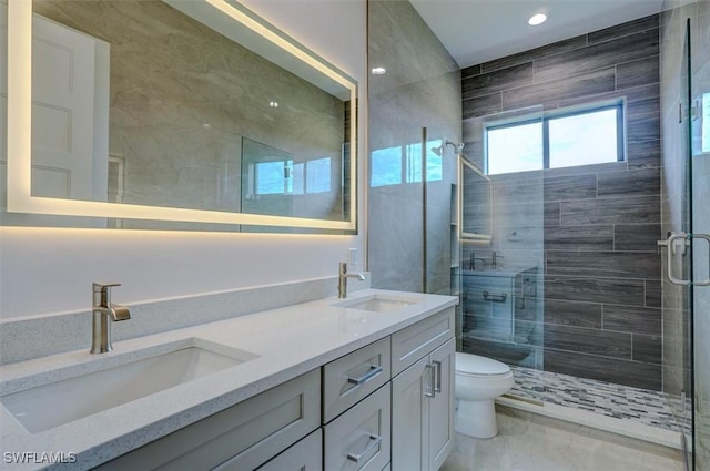 bathroom with vanity, toilet, and walk in shower