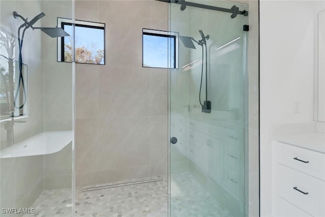 bathroom featuring vanity and a shower with shower door