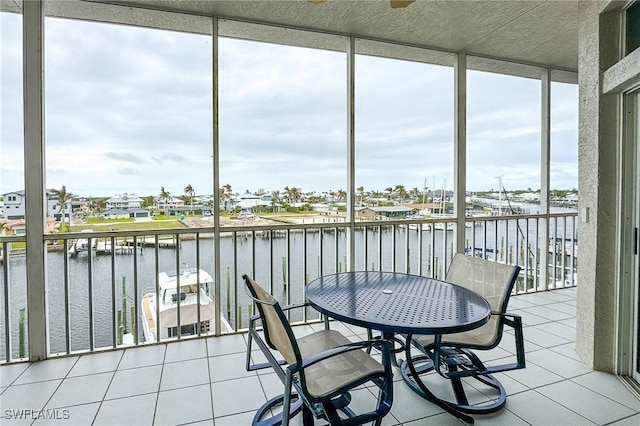 sunroom with a water view