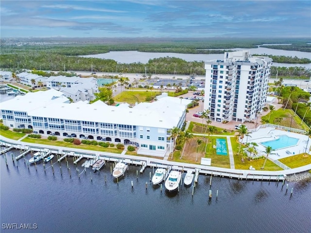 drone / aerial view featuring a water view