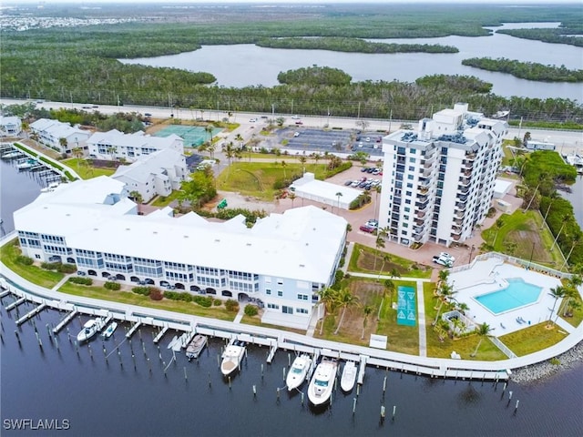 aerial view featuring a water view