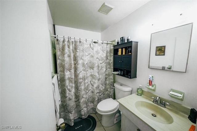 bathroom with toilet, vanity, tile patterned floors, and a shower with shower curtain