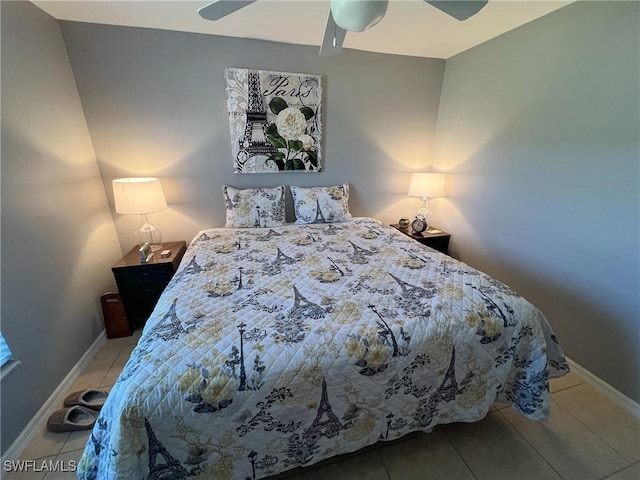 bedroom with tile patterned floors and ceiling fan