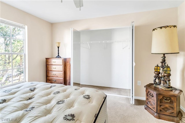 carpeted bedroom with ceiling fan and a closet