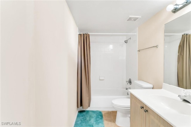 full bathroom featuring tile patterned flooring, vanity, shower / bath combination with curtain, and toilet