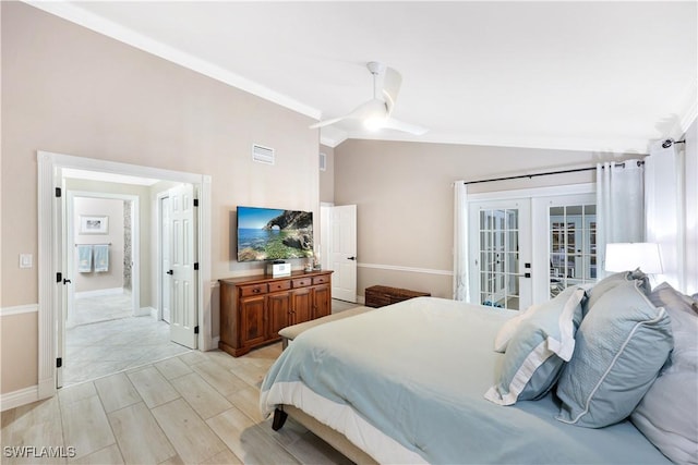 bedroom with ceiling fan, vaulted ceiling, access to outside, ornamental molding, and french doors