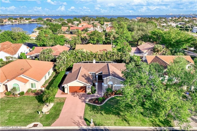 drone / aerial view featuring a water view