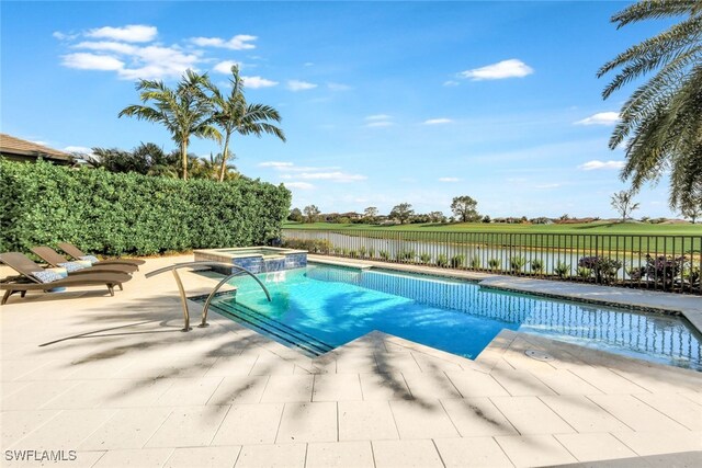 view of swimming pool with a patio area, an in ground hot tub, a water view, and pool water feature