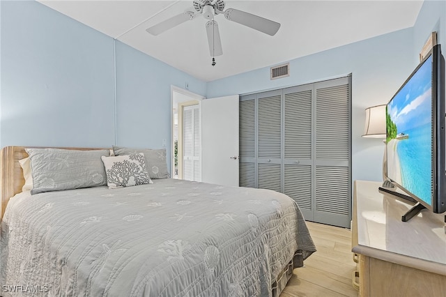 bedroom with ceiling fan and light hardwood / wood-style floors