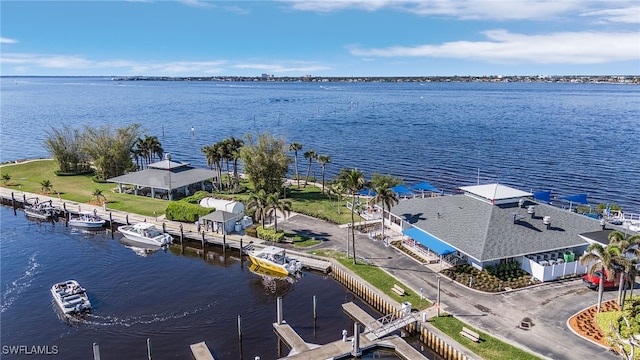 aerial view featuring a water view