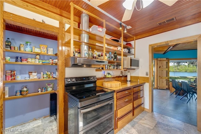 kitchen with wooden ceiling, stainless steel range with electric cooktop, exhaust hood, and ceiling fan