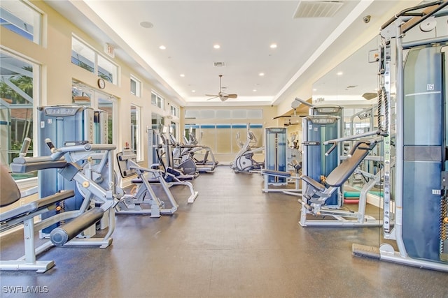 gym featuring ceiling fan