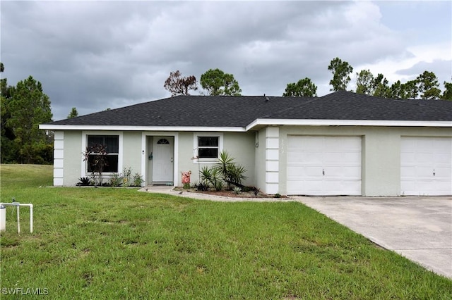 ranch-style house with a garage and a front lawn