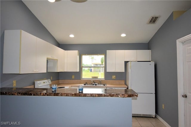 kitchen with white cabinets, white appliances, kitchen peninsula, and sink