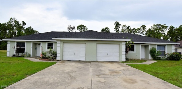 ranch-style home featuring a front yard and a garage