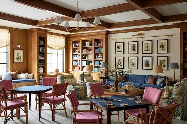 sitting room featuring beam ceiling, coffered ceiling, an inviting chandelier, and wood walls