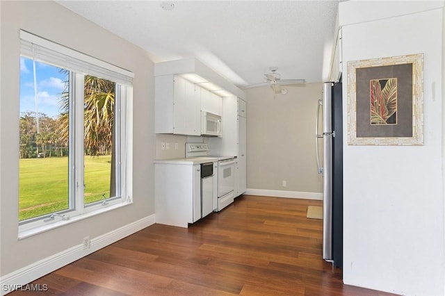 kitchen featuring white cabinetry, white appliances, plenty of natural light, and dark wood-style floors