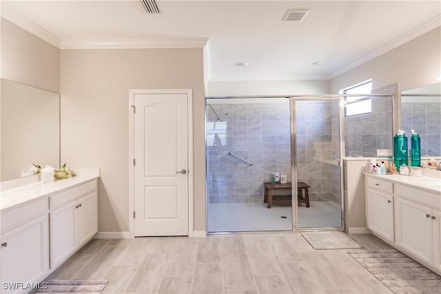 11973 Bay Oak Dr, Fort Myers, FL 33913 - bathroom with vanity, a shower stall, crown molding, and wood finish floors