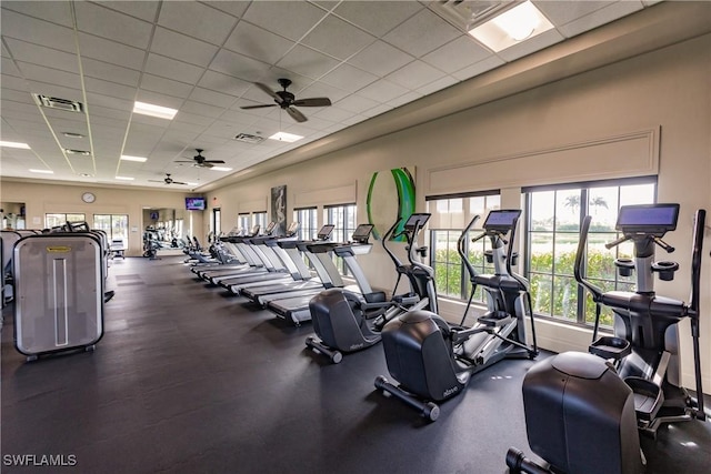 exercise room with a paneled ceiling and ceiling fan