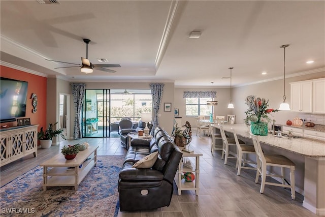 living room featuring ceiling fan and ornamental molding