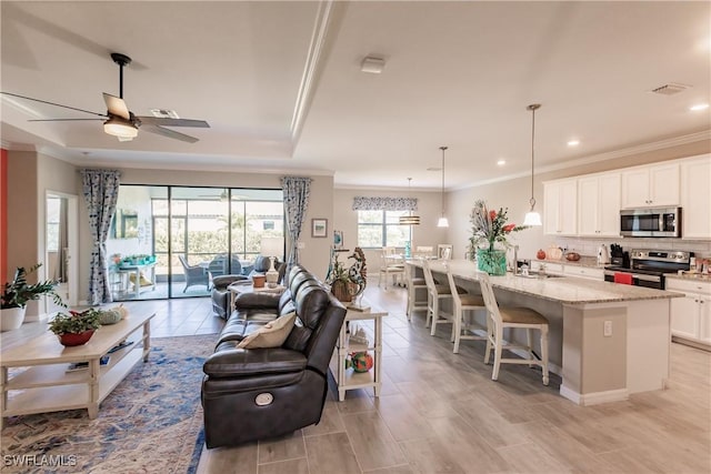 living room featuring a tray ceiling, ceiling fan, sink, and ornamental molding