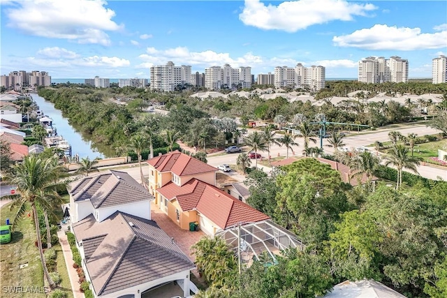 drone / aerial view featuring a water view