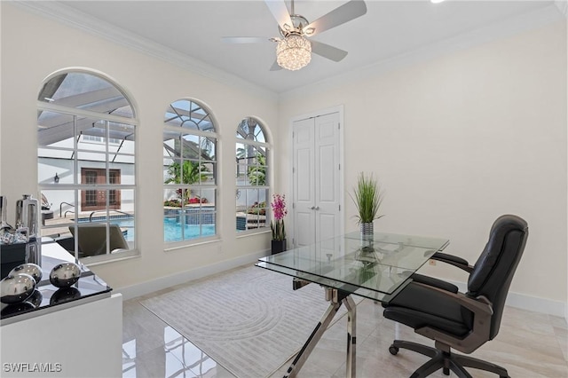 office featuring crown molding and ceiling fan