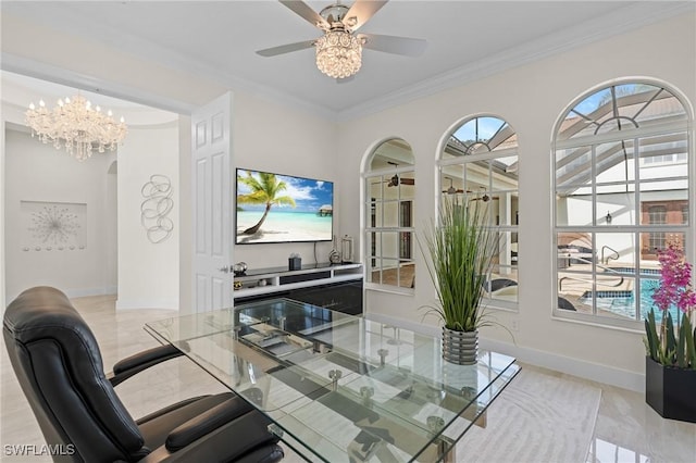 office featuring ornamental molding and ceiling fan with notable chandelier