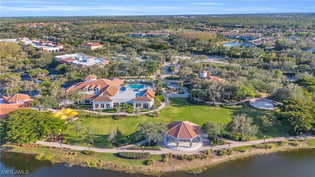 aerial view featuring a water view