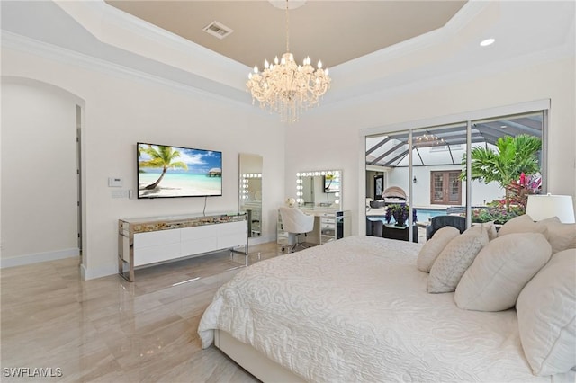 bedroom featuring a raised ceiling, ornamental molding, access to exterior, and a chandelier