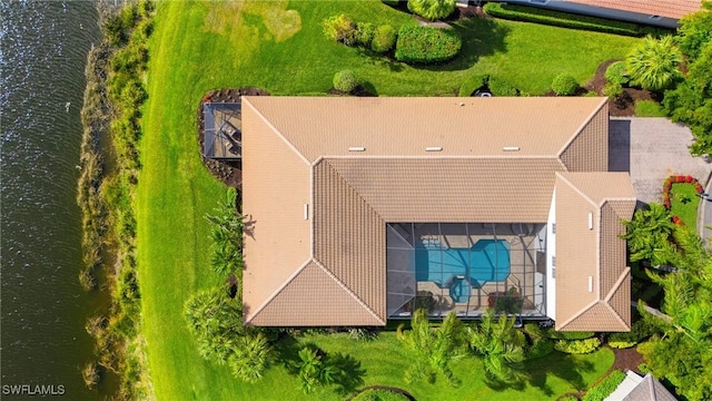 drone / aerial view featuring a water view