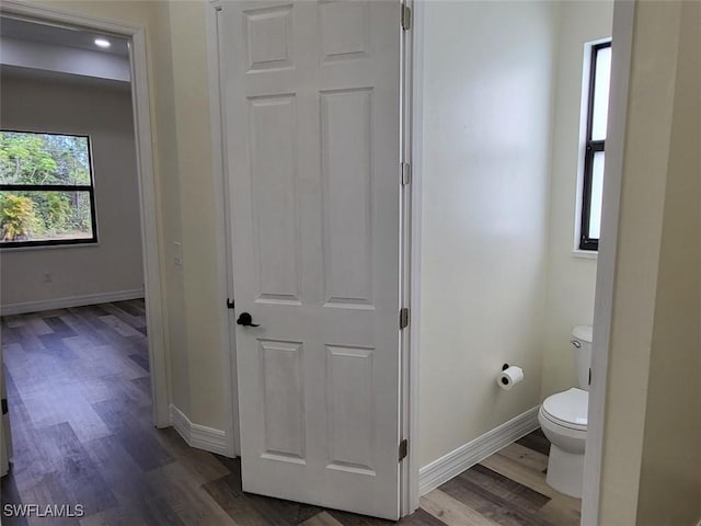 bathroom with hardwood / wood-style floors and toilet