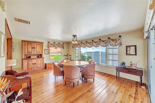 dining area with a water view and light hardwood / wood-style floors