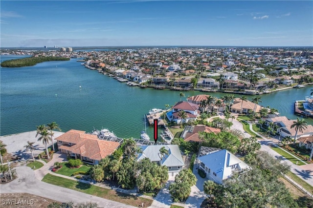 aerial view featuring a water view