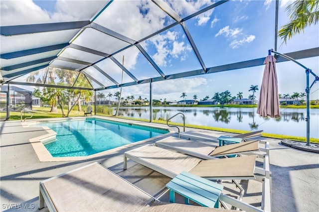 view of pool with a lanai, a water view, and a patio