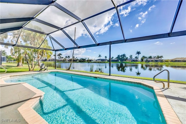 view of pool featuring a lanai, a water view, and a patio