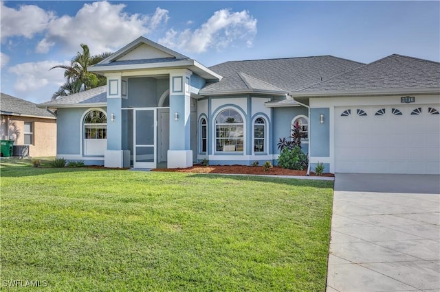 2710 SW 54th Ter, Cape Coral, FL 33914 - view of front of property with driveway, stucco siding, a front lawn, a garage, and a shingled roof