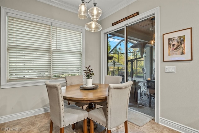 tiled dining room with crown molding