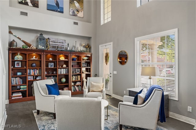 sitting room featuring a wealth of natural light and a high ceiling