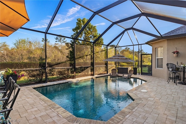 view of swimming pool with a lanai and a patio