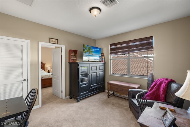 living area featuring light colored carpet